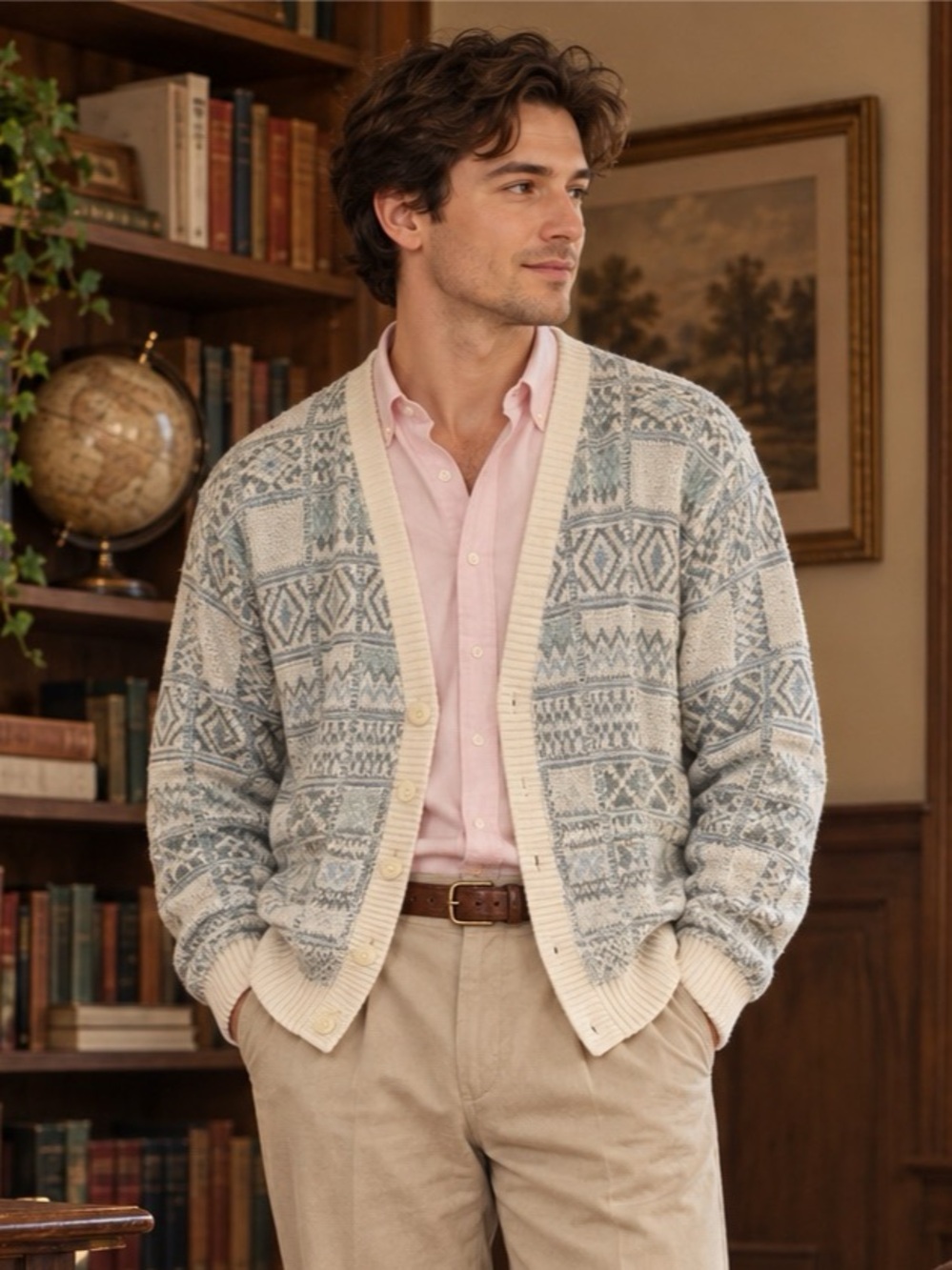 Vintage Sears Men’s Store Geometric Knit Cardigan Cream Grey Size L Retro 90s
